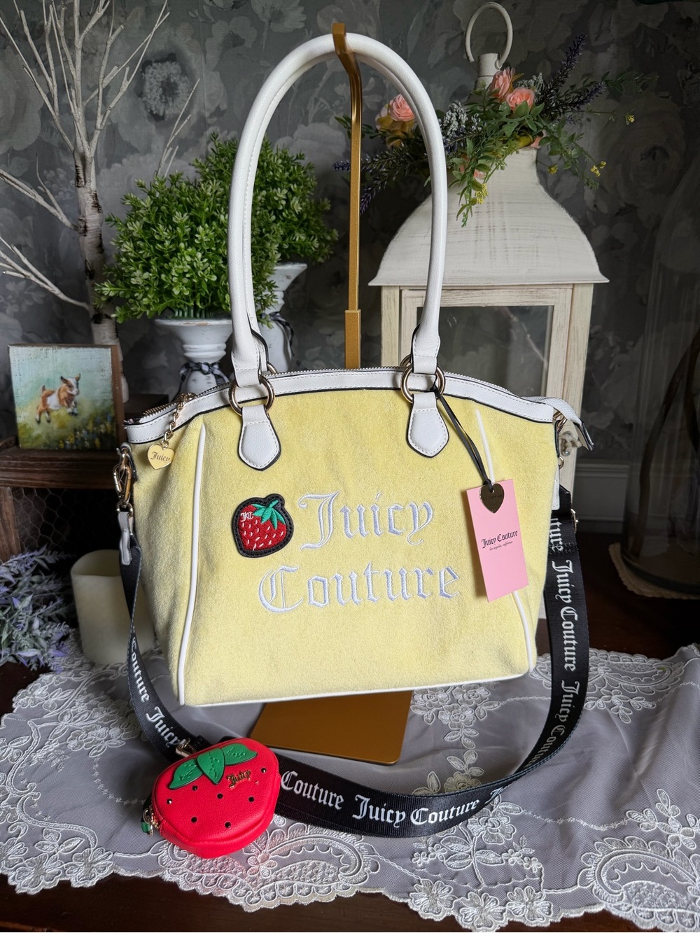 NWT Sweet n’ Juicy Couture Yellow Shoulder Apple Tote with Strawberry Charm